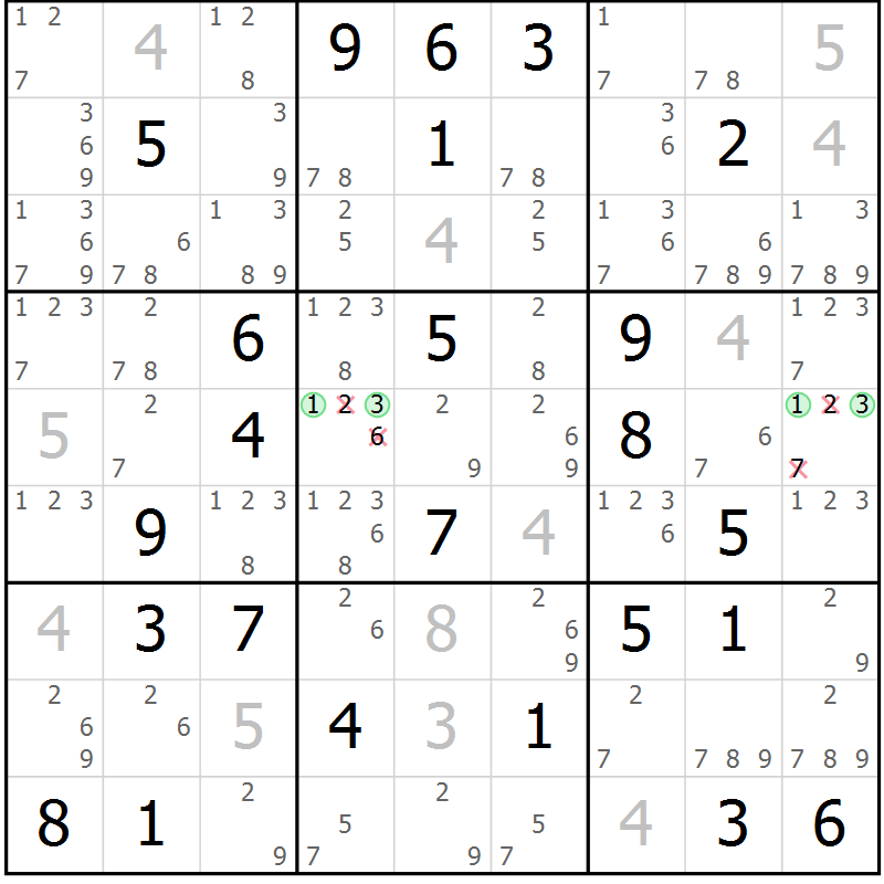 Position des candidats pour la solution de la Gr 42 page 45 du magazine de sudoku Maestro n° 104