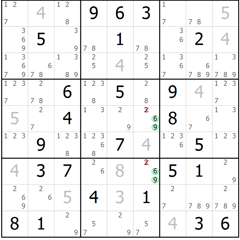 Position des candidats pour la solution de la Gr 42 page 45 du magazine de sudoku Maestro n° 104