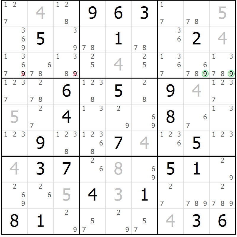 Position des candidats pour la solution de la Gr 42 page 45 du magazine de sudoku Maestro n° 104