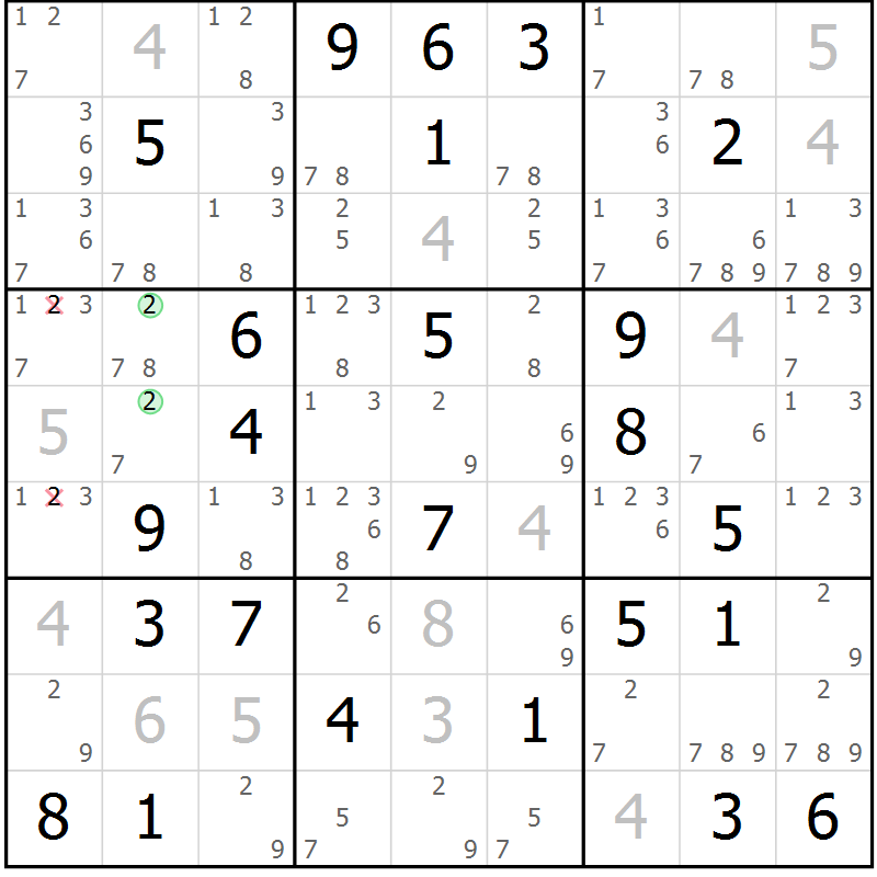 Position des candidats pour la solution de la Gr 42 page 45 du magazine de sudoku Maestro n° 104