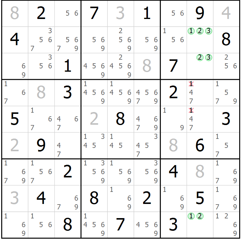 Position des candidats pour la solution de la Gr 43 page 46 du magazine de sudoku Maestro n° 104