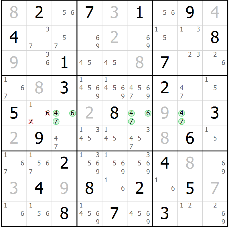 Position des candidats pour la solution de la Gr 43 page 46 du magazine de sudoku Maestro n° 104