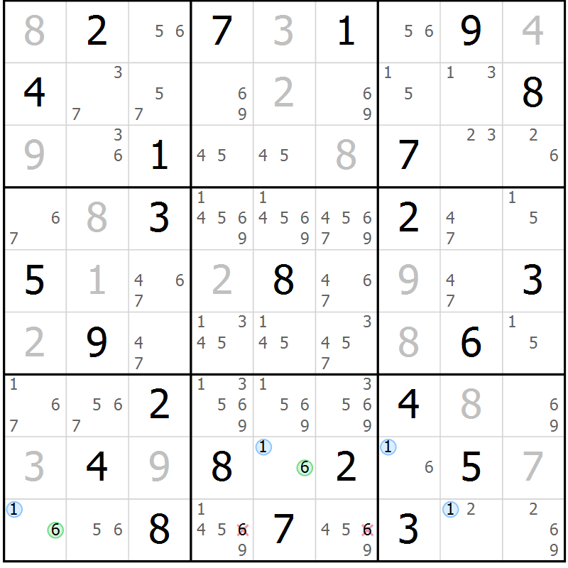 Position des candidats pour la solution de la Gr 43 page 46 du magazine de sudoku Maestro n° 104