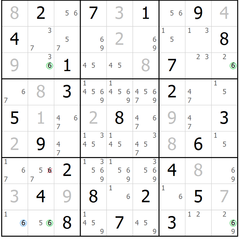 Position des candidats pour la solution de la Gr 43 page 46 du magazine de sudoku Maestro n° 104