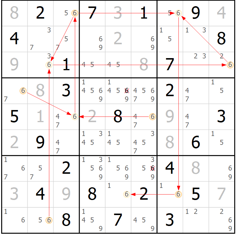 Position des candidats pour la solution de la Gr 43 page 46 du magazine de sudoku Maestro n° 104