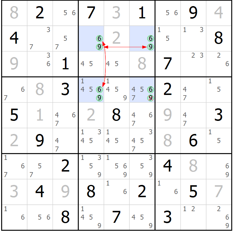 Position des candidats pour la solution de la Gr 43 page 46 du magazine de sudoku Maestro n° 104