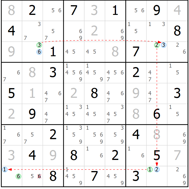 Position des candidats pour la solution de la Gr 43 page 46 du magazine de sudoku Maestro n° 104