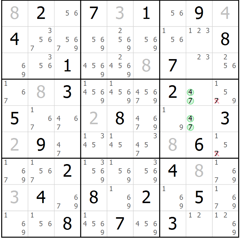 Position des candidats pour la solution de la Gr 43 page 46 du magazine de sudoku Maestro n° 104