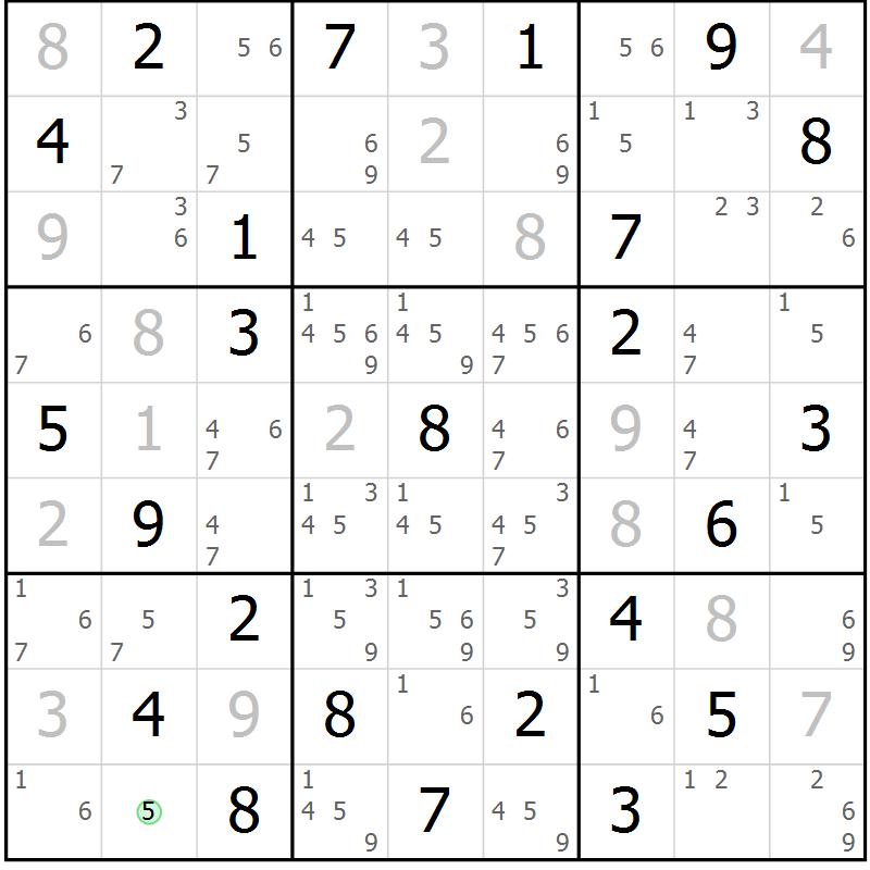 Position des candidats pour la solution de la Gr 43 page 46 du magazine de sudoku Maestro n° 104