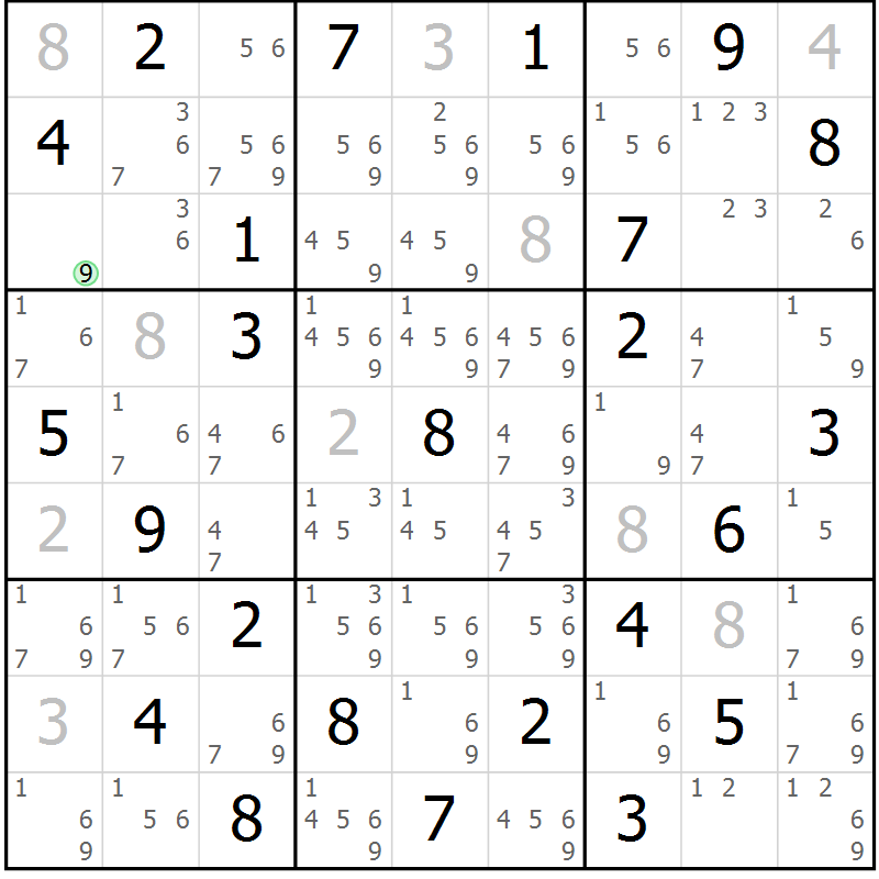 Position des candidats pour la solution de la Gr 43 page 46 du magazine de sudoku Maestro n° 104