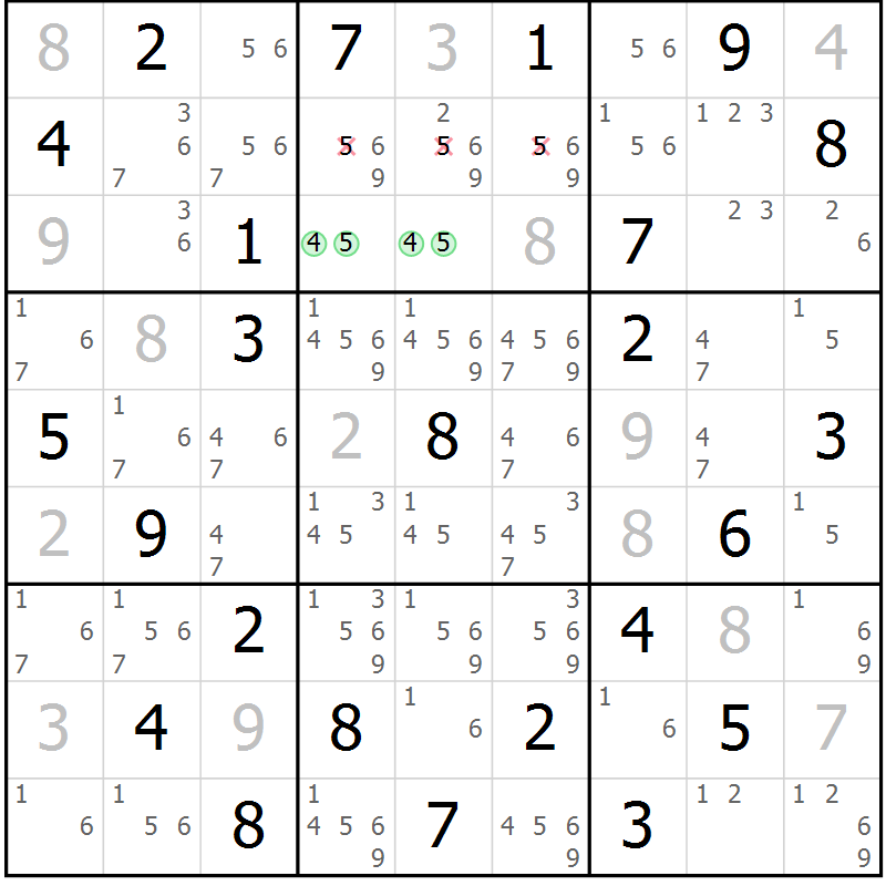 Position des candidats pour la solution de la Gr 43 page 46 du magazine de sudoku Maestro n° 104