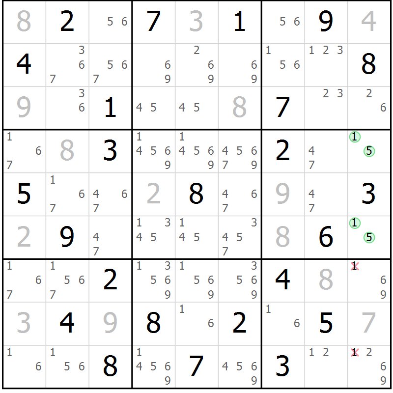 Position des candidats pour la solution de la Gr 43 page 46 du magazine de sudoku Maestro n° 104