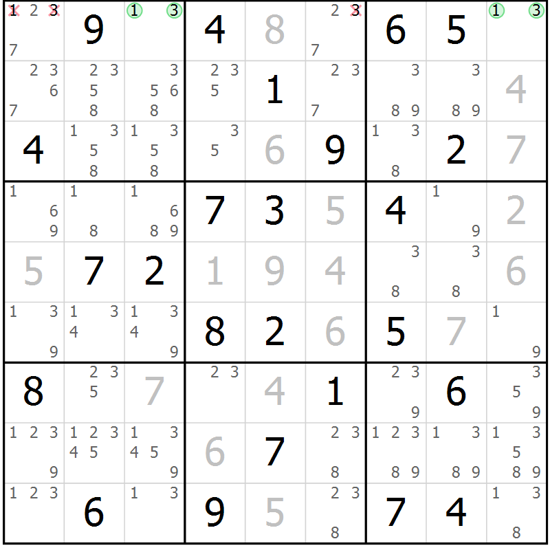 Position des candidats pour la solution de la Gr 44 page 47 du magazine de sudoku Maestro n° 104