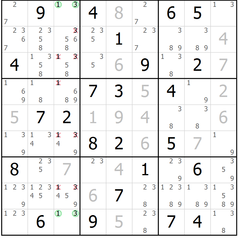 Position des candidats pour la solution de la Gr 44 page 47 du magazine de sudoku Maestro n° 104