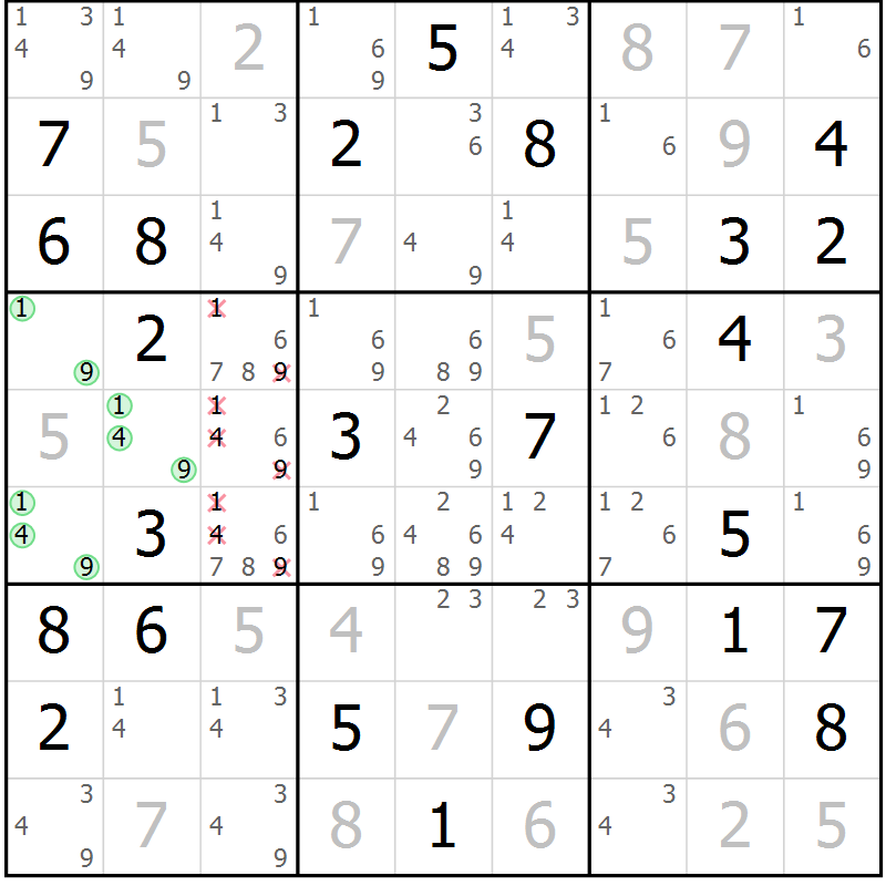 Position des candidats pour la solution de la Gr 45 page 48 du magazine de sudoku Maestro n° 104