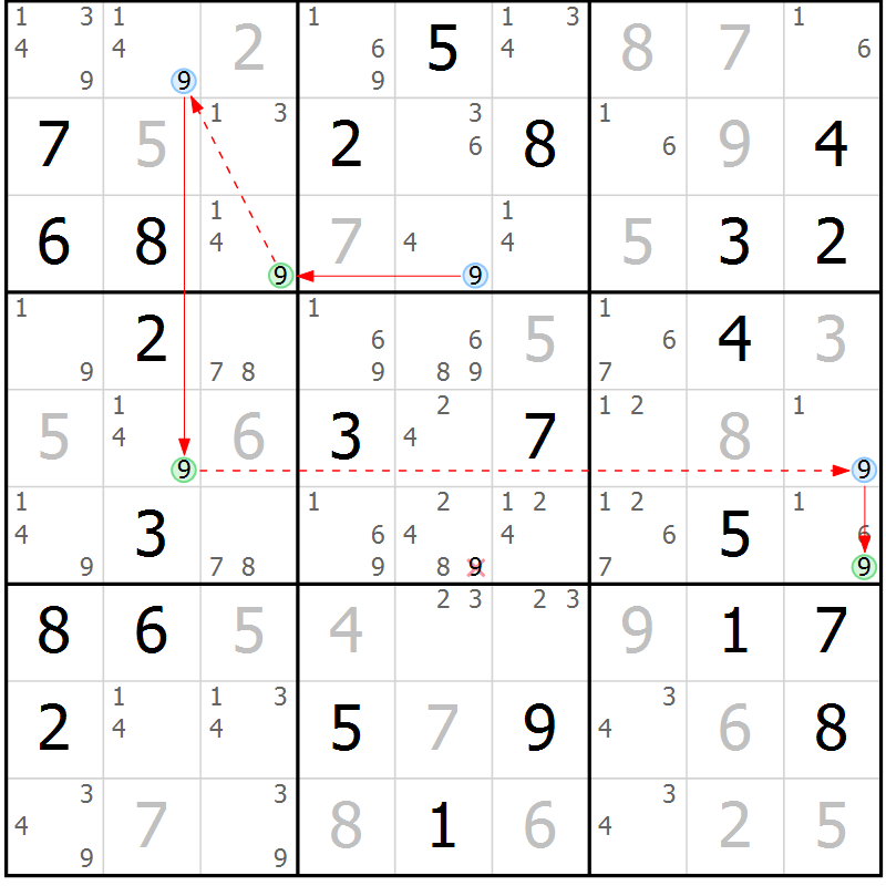 Position des candidats pour la solution de la Gr 45 page 48 du magazine de sudoku Maestro n° 104