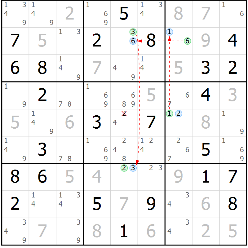 Position des candidats pour la solution de la Gr 45 page 48 du magazine de sudoku Maestro n° 104