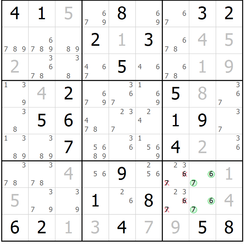 Position des candidats pour la solution de la Gr 46 page 49 du magazine de sudoku Maestro n° 104