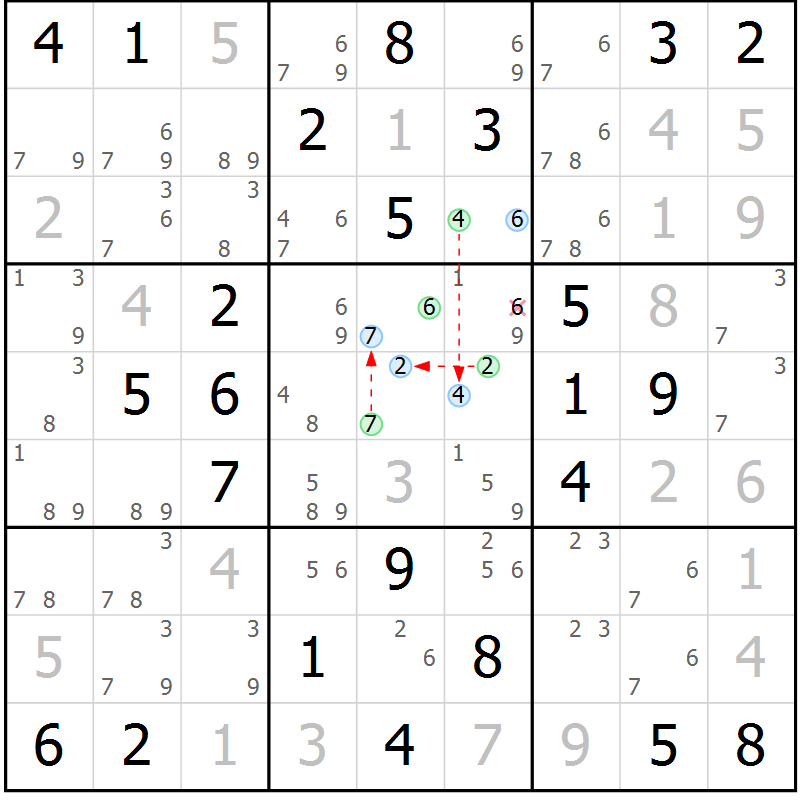 Position des candidats pour la solution de la Gr 46 page 49 du magazine de sudoku Maestro n° 104