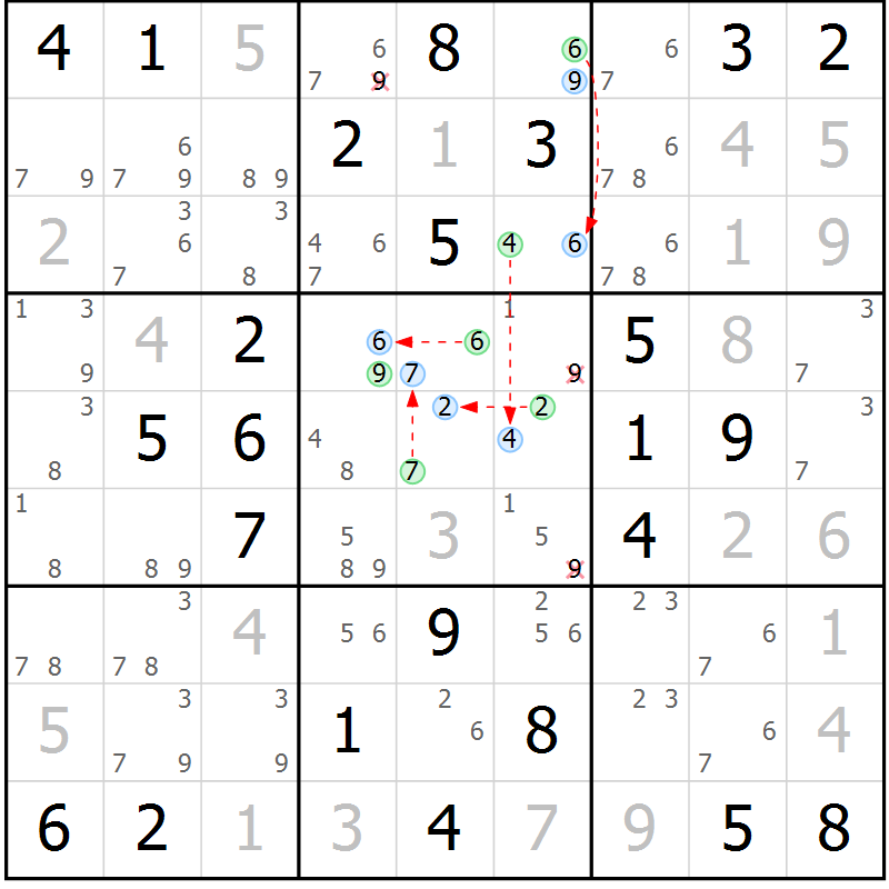 Position des candidats pour la solution de la Gr 46 page 49 du magazine de sudoku Maestro n° 104