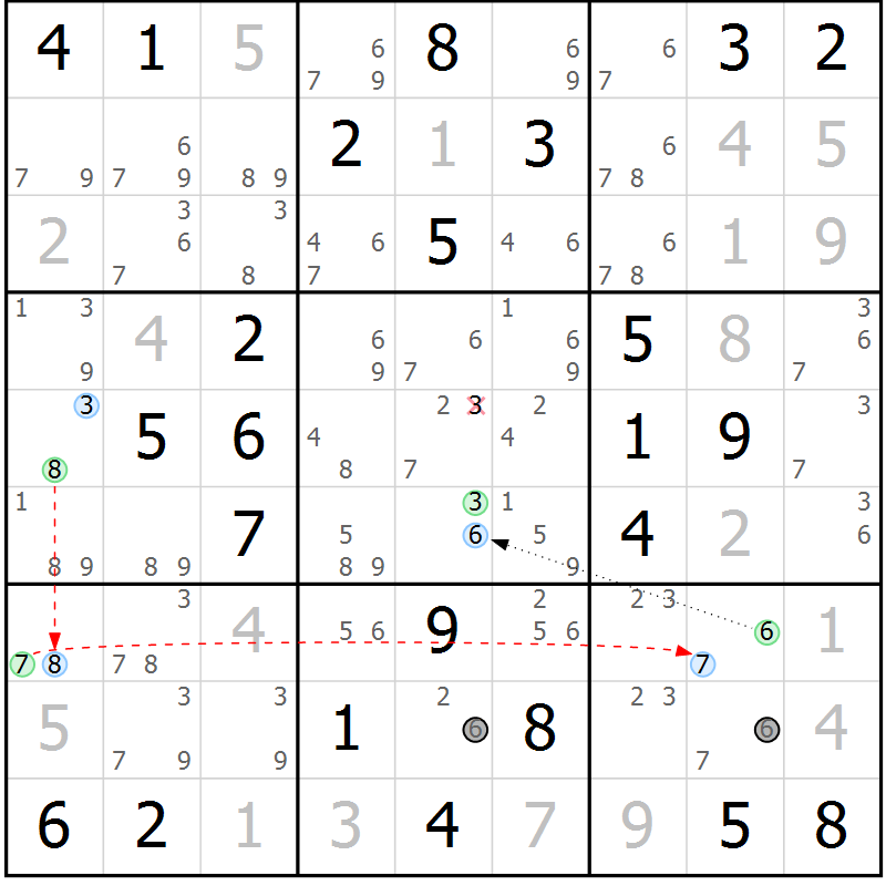 Position des candidats pour la solution de la Gr 46 page 49 du magazine de sudoku Maestro n° 104