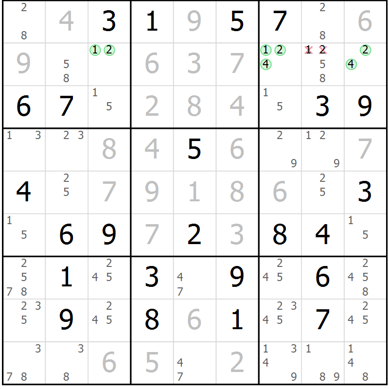 Position des candidats pour la solution de la Gr 47 page 50 du magazine de sudoku Maestro n° 104