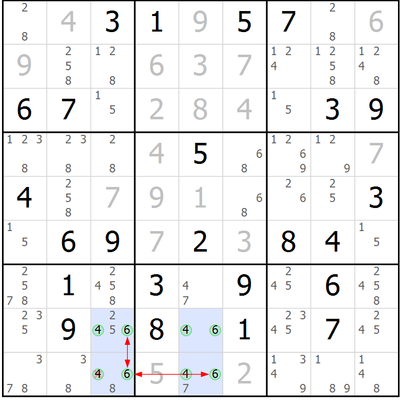 Position des candidats pour la solution de la Gr 47 page 50 du magazine de sudoku Maestro n° 104