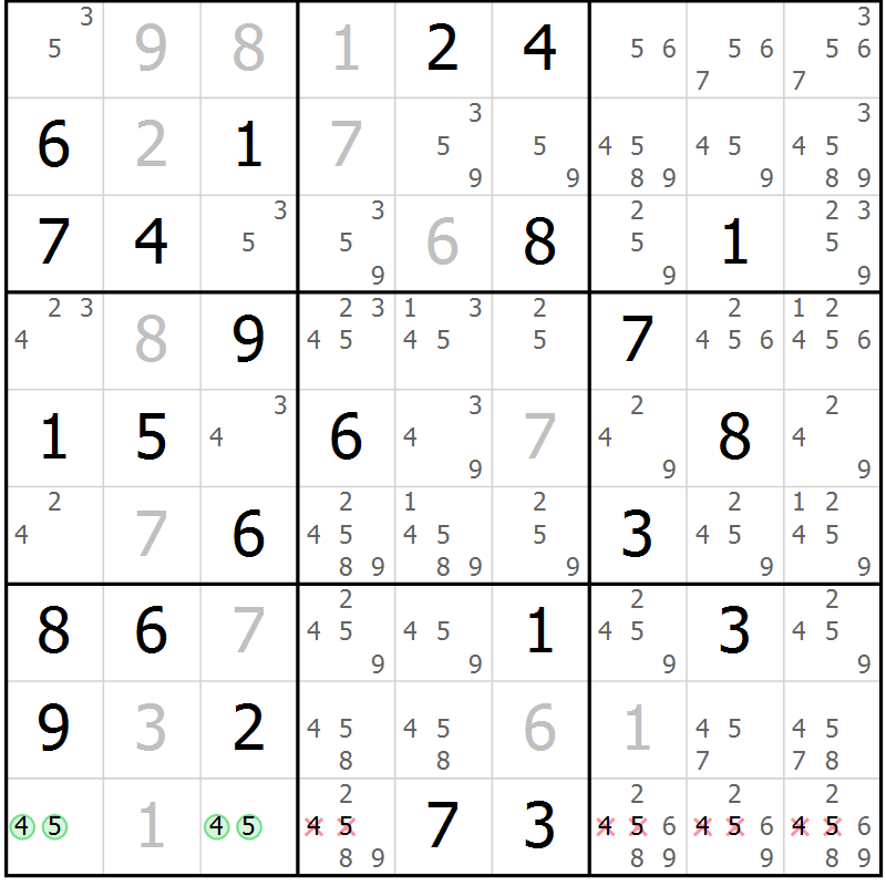 Position des candidats pour la solution de la Gr 48 page 51 du magazine de sudoku Maestro n° 104