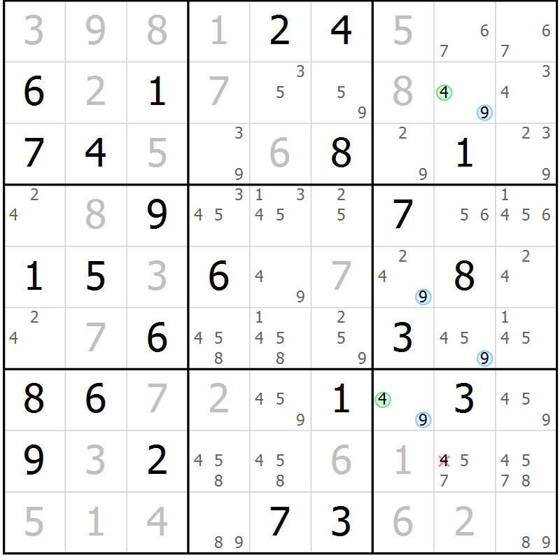 Position des candidats pour la solution de la Gr 48 page 51 du magazine de sudoku Maestro n° 104