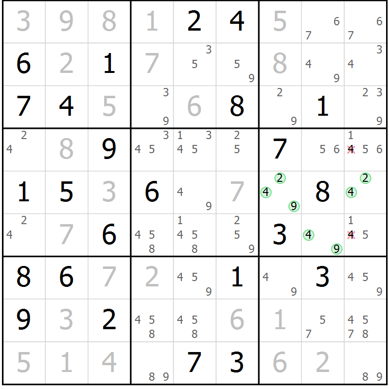 Position des candidats pour la solution de la Gr 48 page 51 du magazine de sudoku Maestro n° 104
