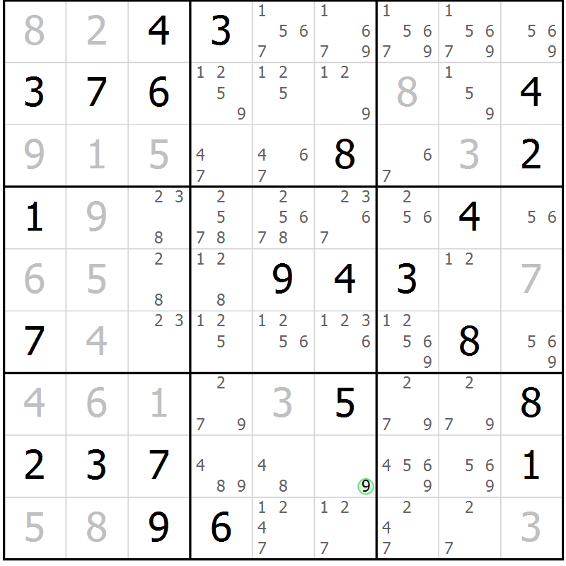 Position des candidats pour la solution de la Gr 49 page 52 du magazine de sudoku Maestro n° 104