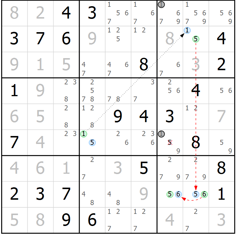 Position des candidats pour la solution de la Gr 49 page 52 du magazine de sudoku Maestro n° 104