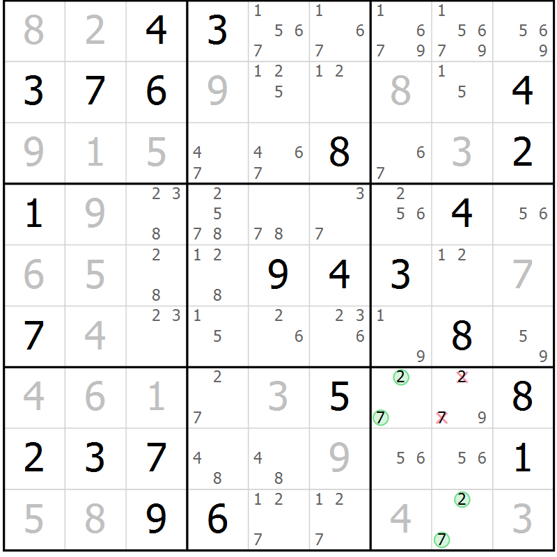 Position des candidats pour la solution de la Gr 49 page 52 du magazine de sudoku Maestro n° 104