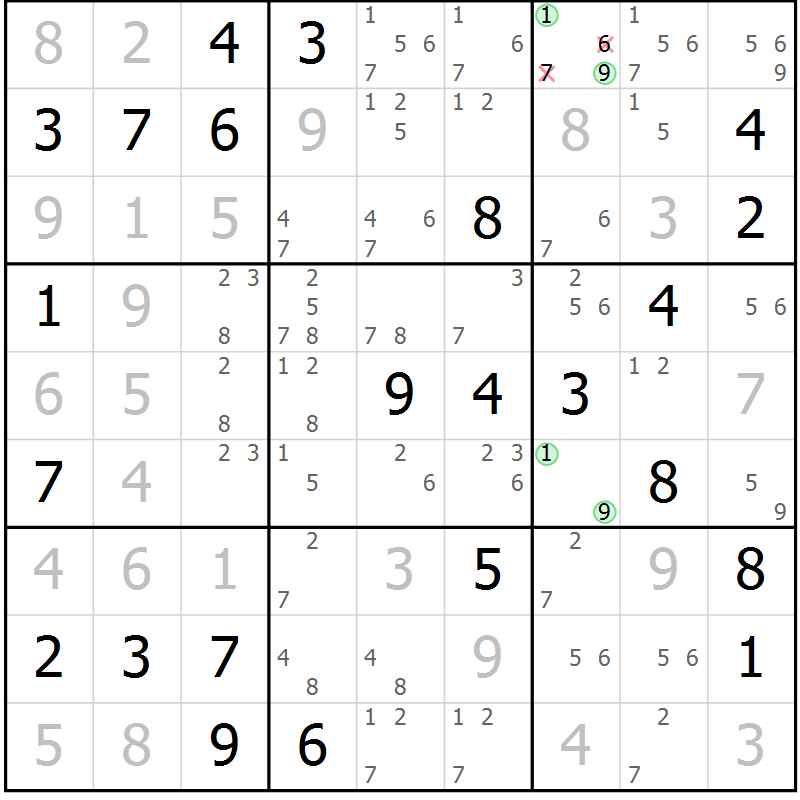 Position des candidats pour la solution de la Gr 49 page 52 du magazine de sudoku Maestro n° 104