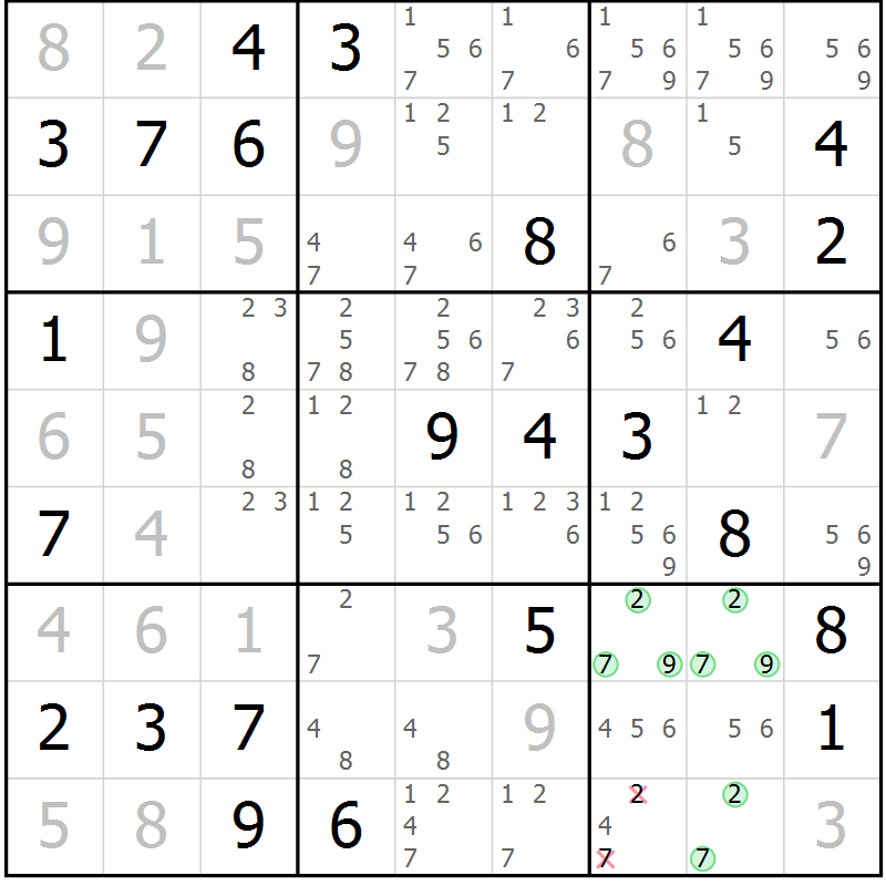 Position des candidats pour la solution de la Gr 49 page 52 du magazine de sudoku Maestro n° 104