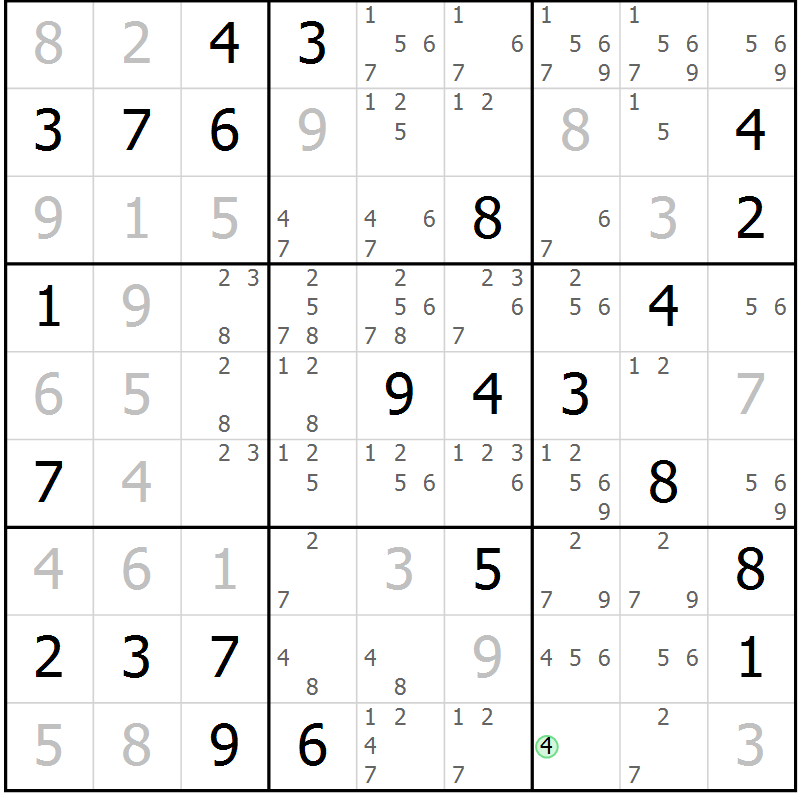 Position des candidats pour la solution de la Gr 49 page 52 du magazine de sudoku Maestro n° 104