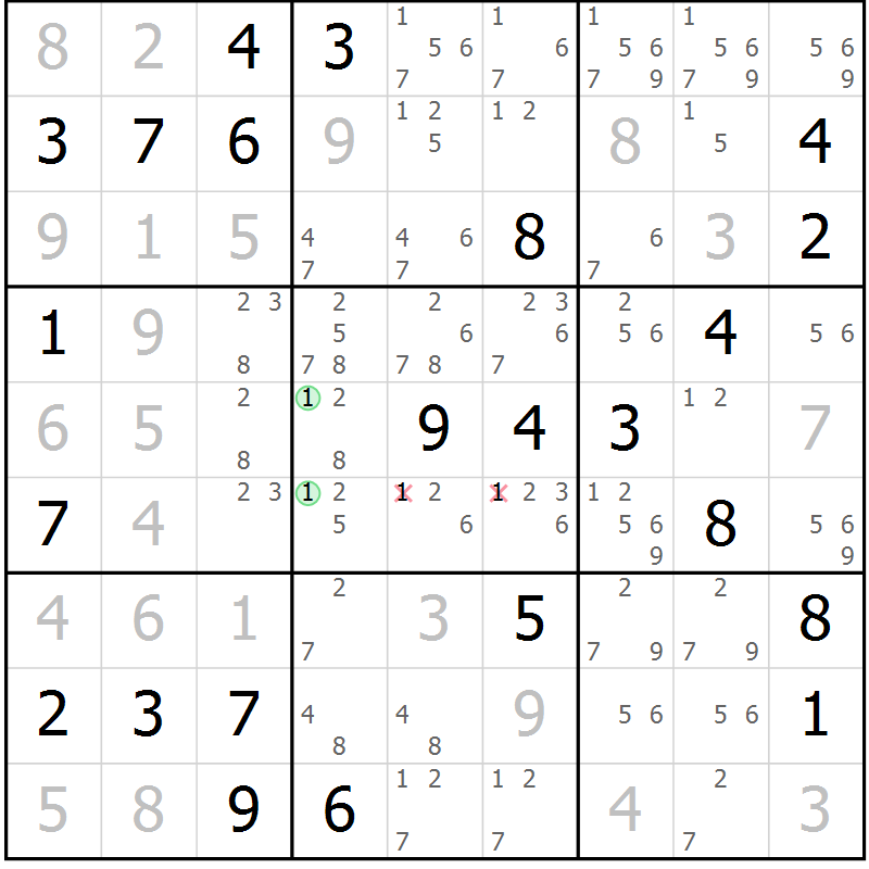 Position des candidats pour la solution de la Gr 49 page 52 du magazine de sudoku Maestro n° 104