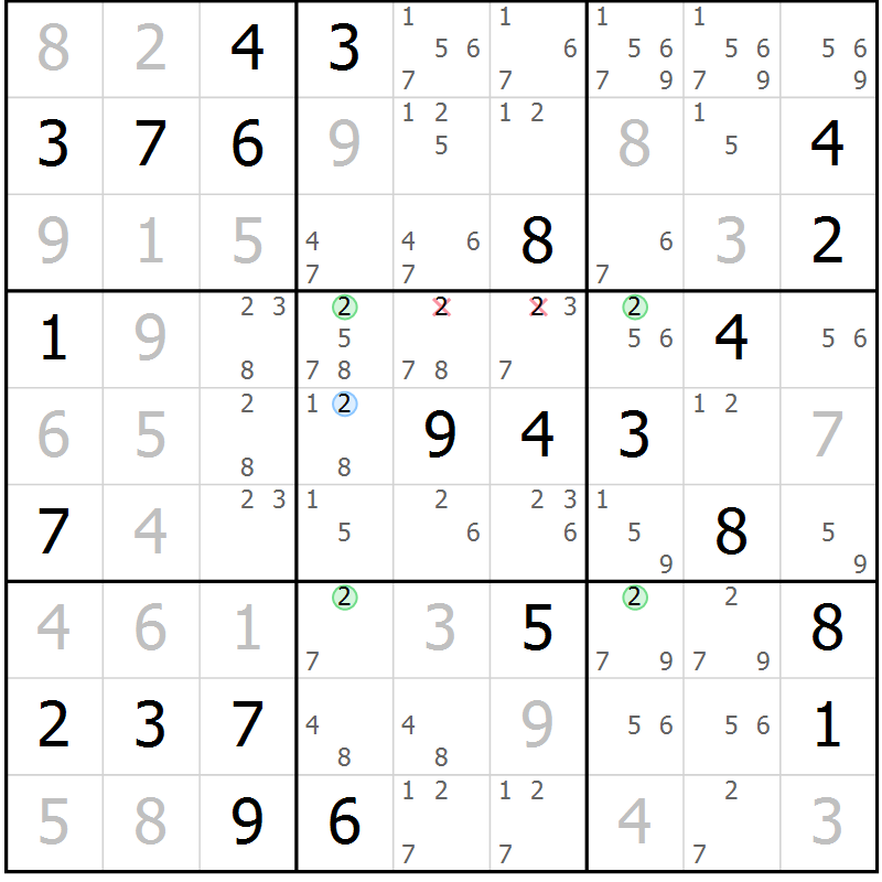 Position des candidats pour la solution de la Gr 49 page 52 du magazine de sudoku Maestro n° 104