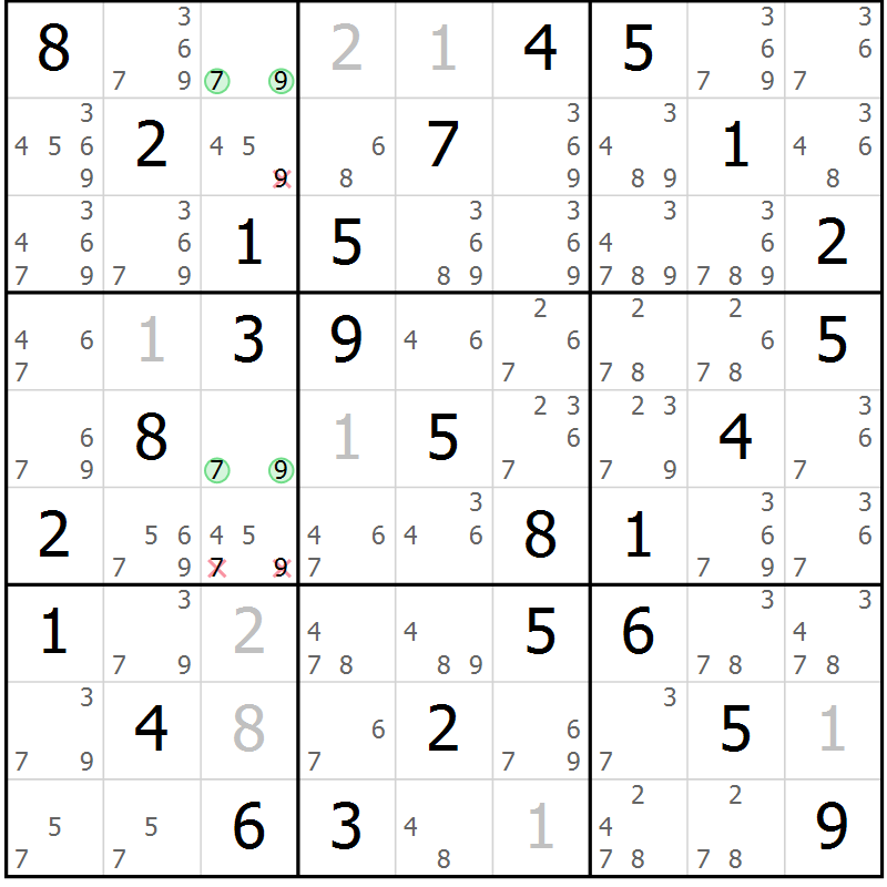 Position des candidats pour la solution de la Gr 5 page 8 du magazine de sudoku Maestro n° 104