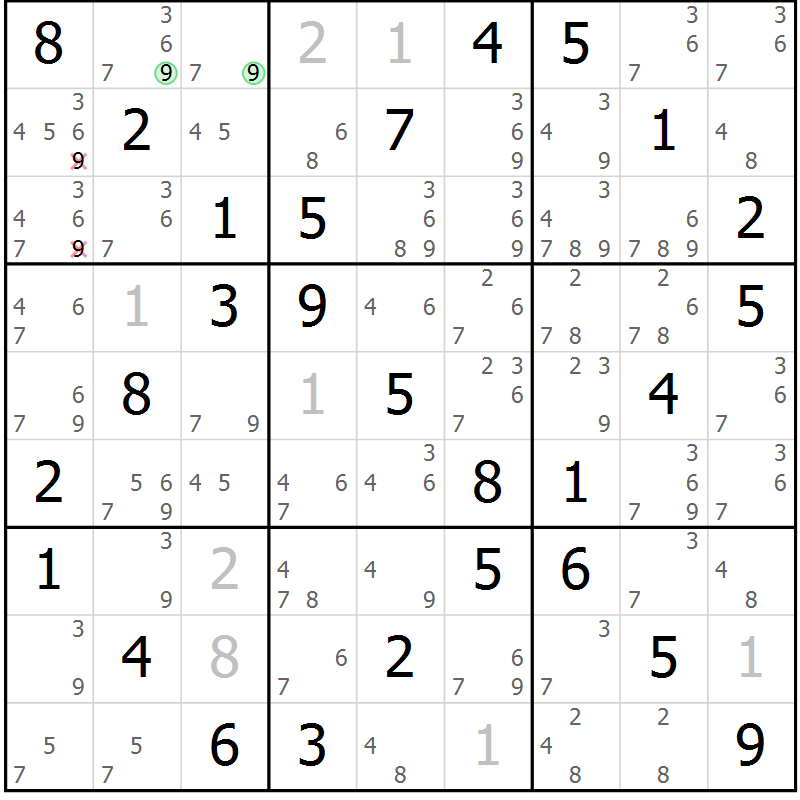 Position des candidats pour la solution de la Gr 5 page 8 du magazine de sudoku Maestro n° 104