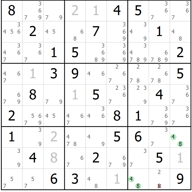 Position des candidats pour la solution de la Gr 5 page 8 du magazine de sudoku Maestro n° 104