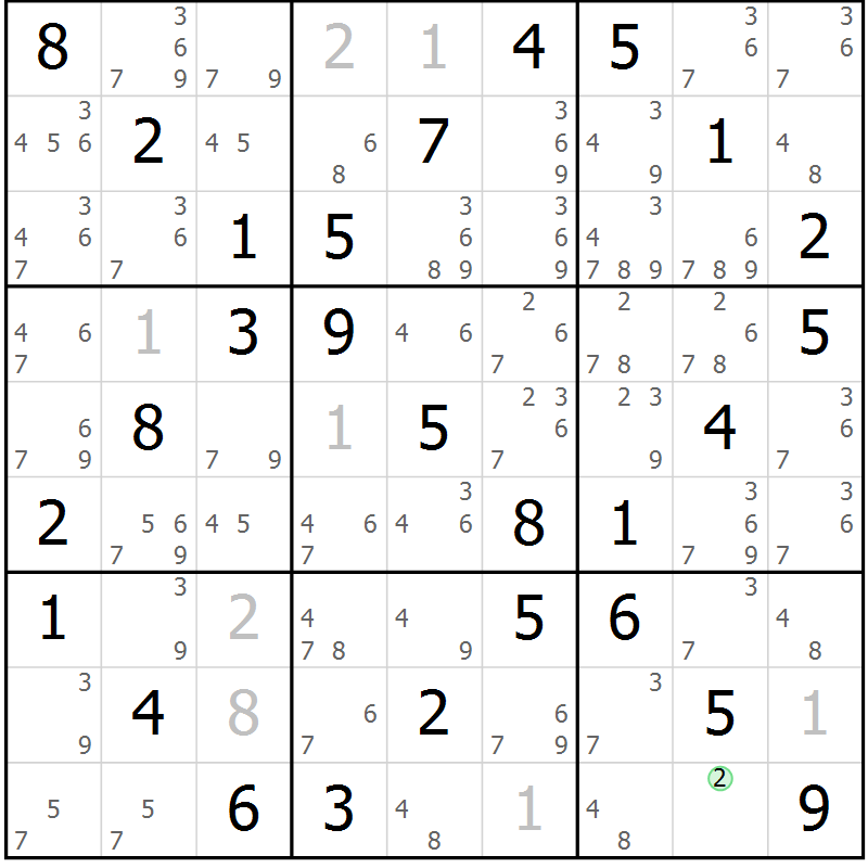 Position des candidats pour la solution de la Gr 5 page 8 du magazine de sudoku Maestro n° 104