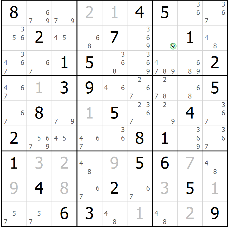 Position des candidats pour la solution de la Gr 5 page 8 du magazine de sudoku Maestro n° 104