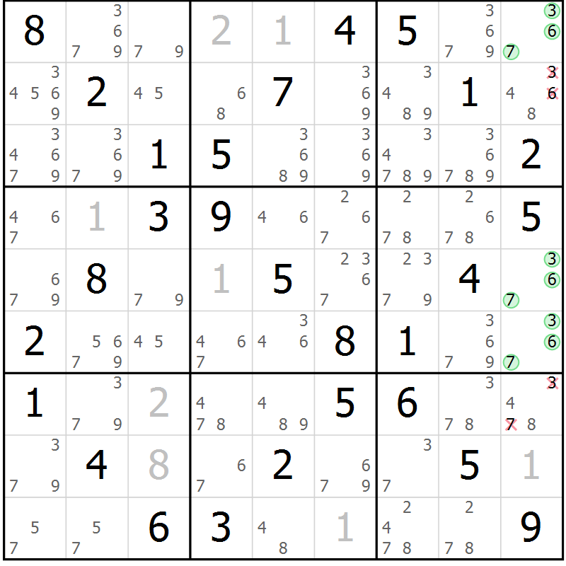 Position des candidats pour la solution de la Gr 5 page 8 du magazine de sudoku Maestro n° 104