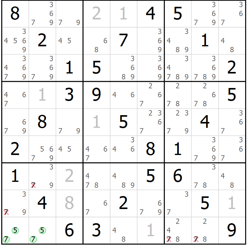 Position des candidats pour la solution de la Gr 5 page 8 du magazine de sudoku Maestro n° 104