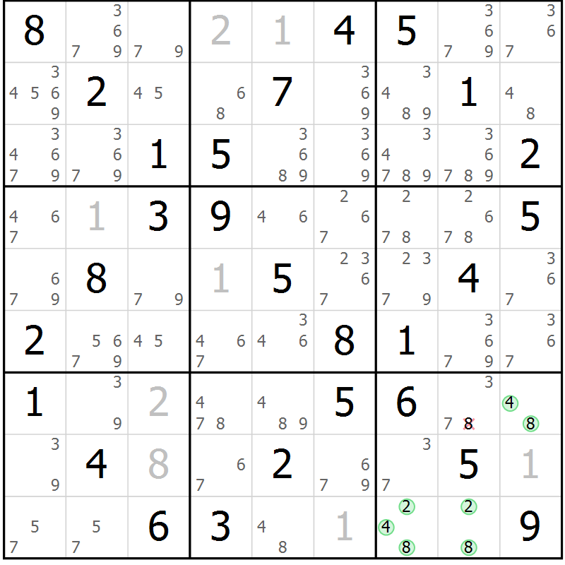 Position des candidats pour la solution de la Gr 5 page 8 du magazine de sudoku Maestro n° 104