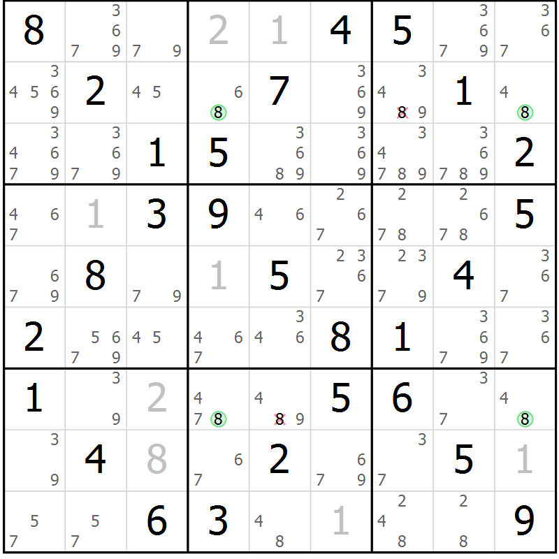 Position des candidats pour la solution de la Gr 5 page 8 du magazine de sudoku Maestro n° 104