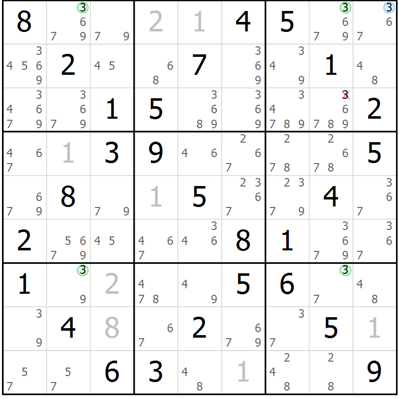 Position des candidats pour la solution de la Gr 5 page 8 du magazine de sudoku Maestro n° 104
