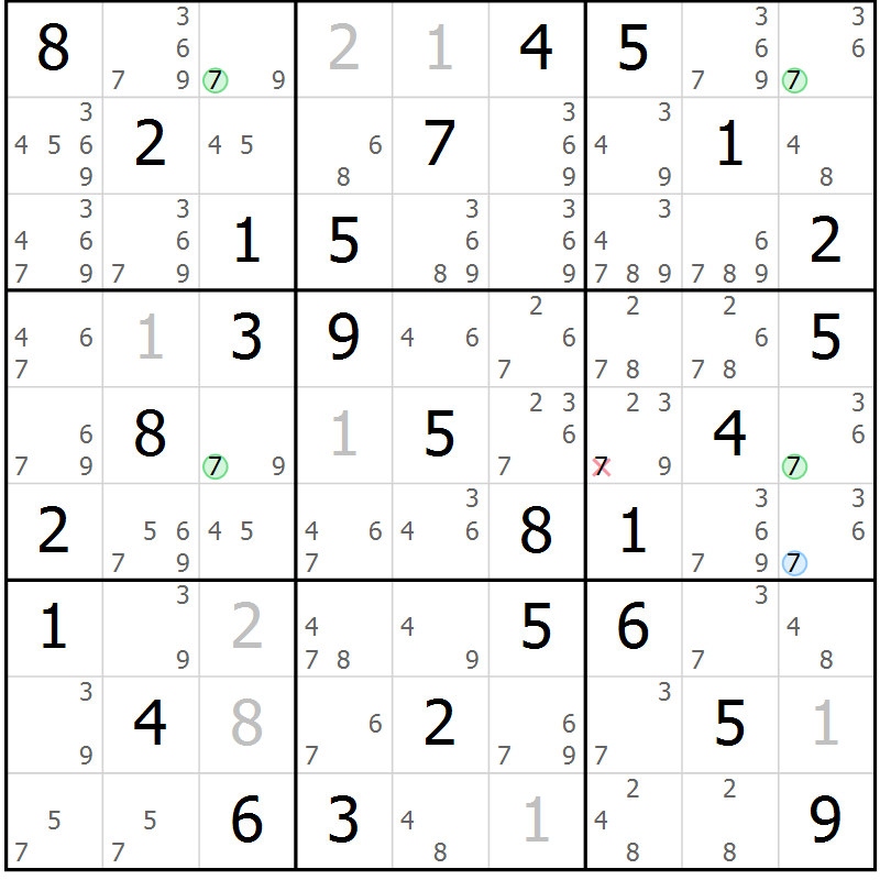 Position des candidats pour la solution de la Gr 5 page 8 du magazine de sudoku Maestro n° 104