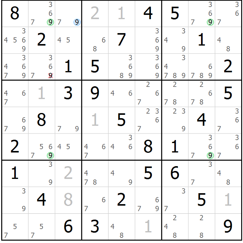 Position des candidats pour la solution de la Gr 5 page 8 du magazine de sudoku Maestro n° 104